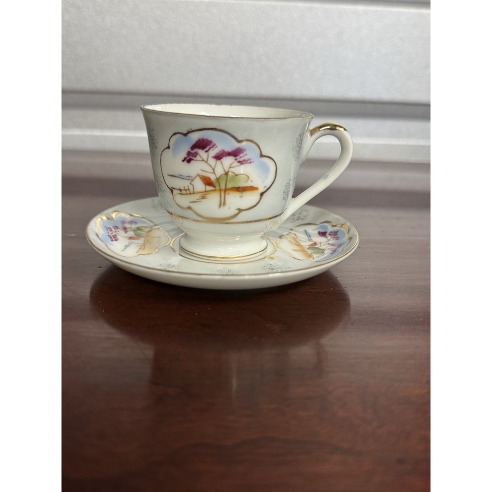 Japanese Porcelain Demitasse Cup‎ & Saucer Hand Painted  W/gilt C. 1940-50